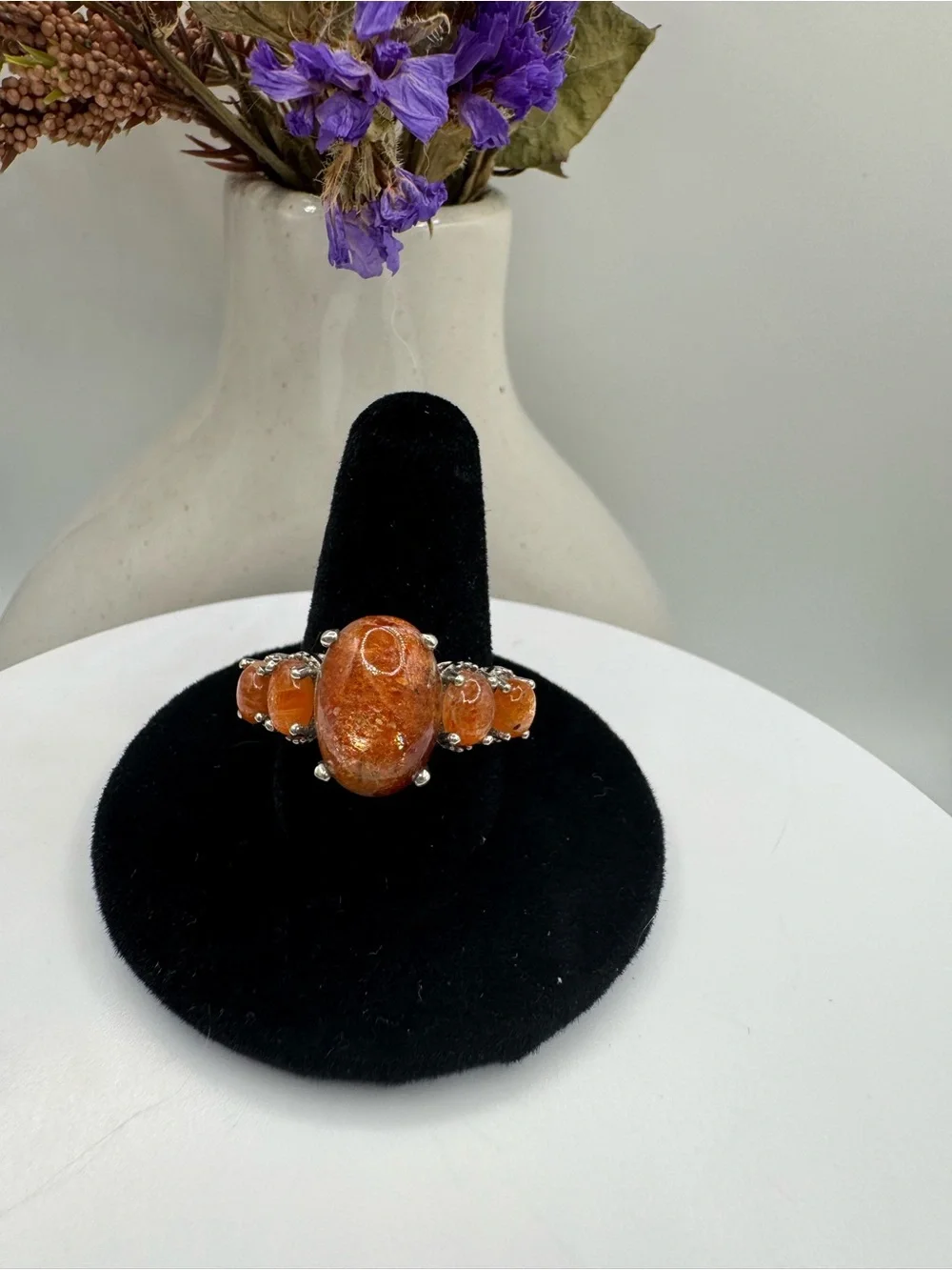 Sunstone Cabochon Multi-Stone Sterling Silver Cocktail Ring (Size 9)